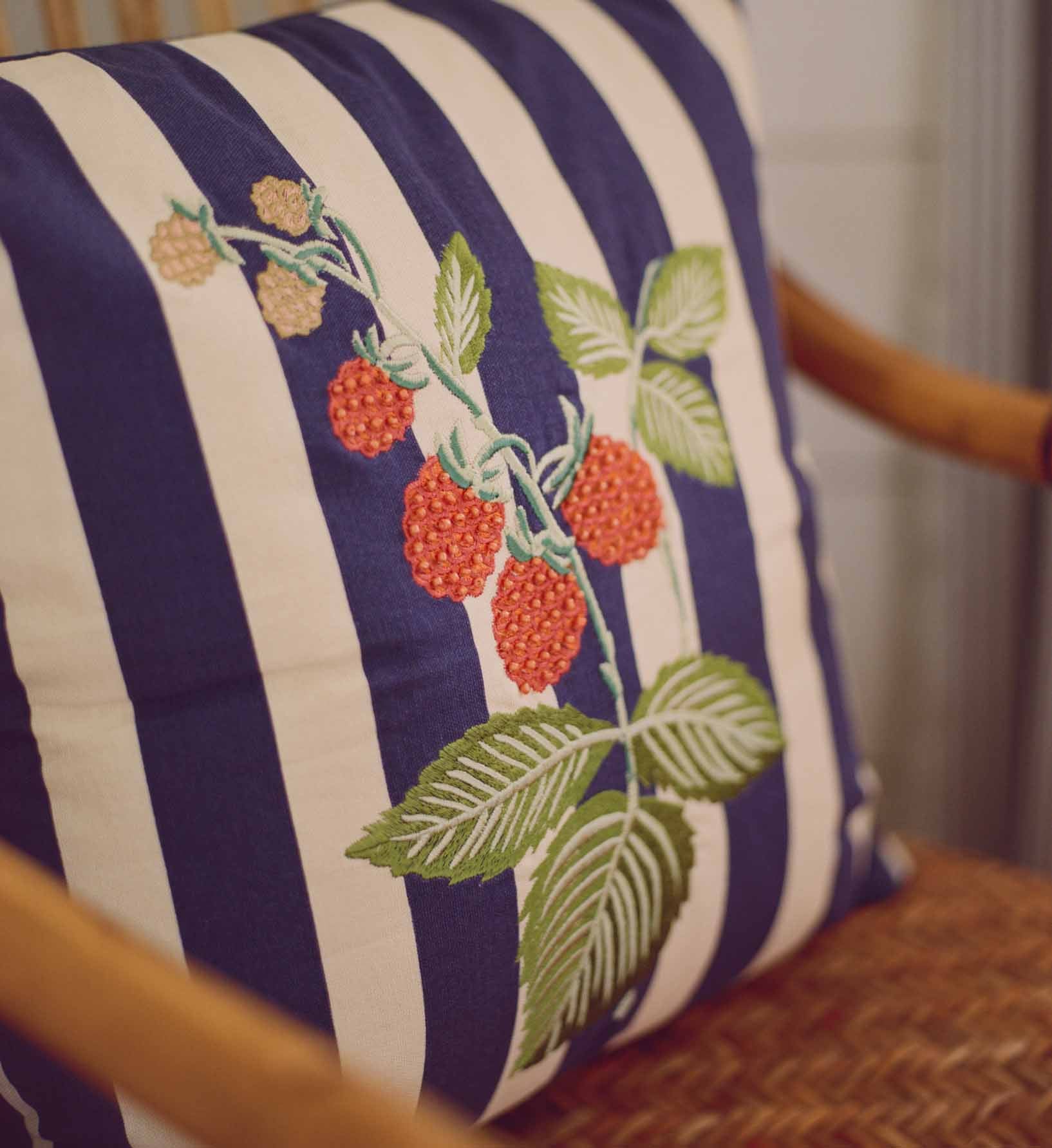 Raspberries Embroidered Pillow - Navy - Image 3